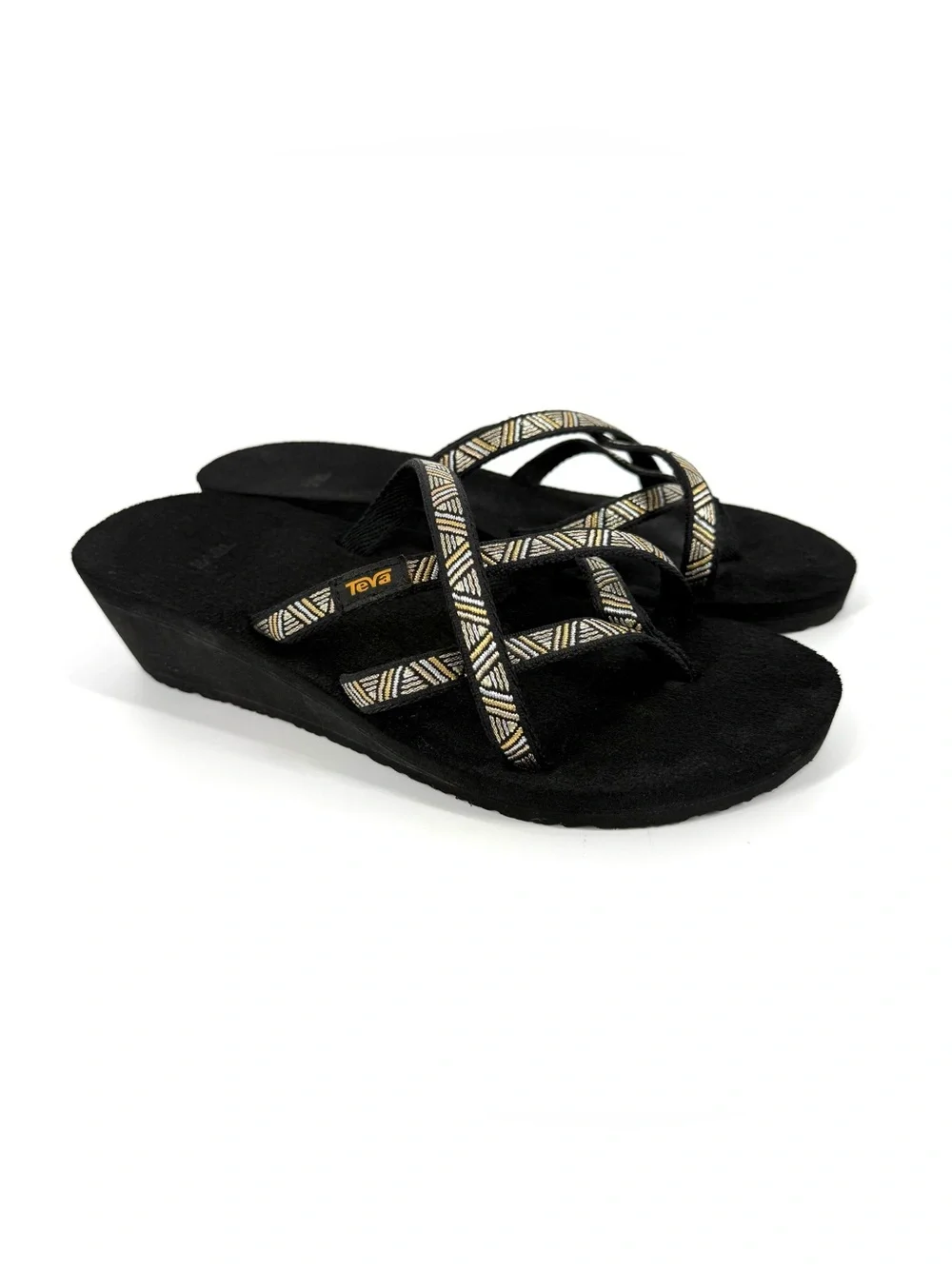 Teva Mush Mandlyn Wedge Sandals Womens Size 8 Black Gold Silver Flip Flops